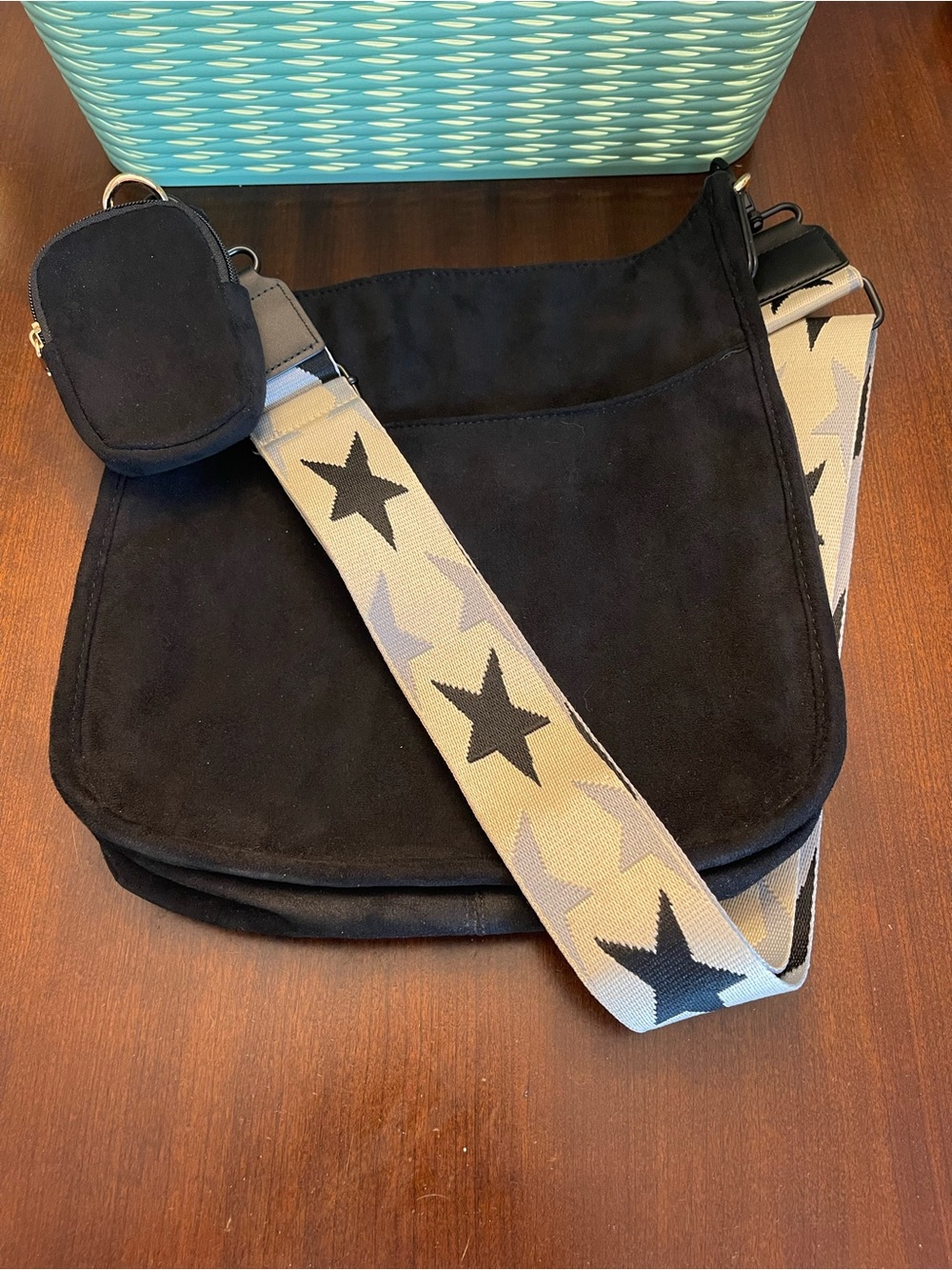 Ah-dorned Suede Black Crossbody Bag With a designed Stars Strap - Picture 2 of 11